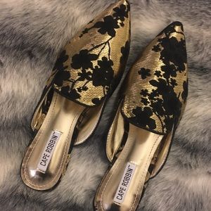Gold and Black Embroidered Flat Mules